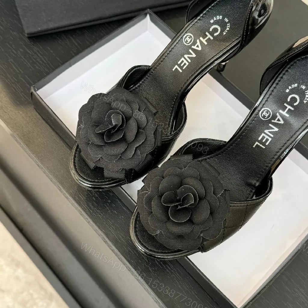 View 8 of Black Satin Floral Overlay Sandals – Luxe Stiletto, Open-Toe, Memory-Foam Comfort