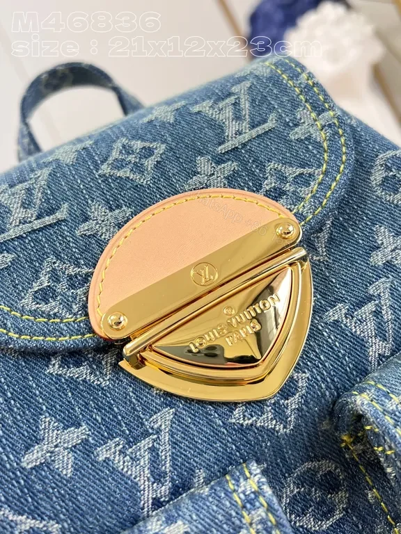 View 9 of Blue Denim Monogram Backpack - Gold Hardware, Imitation LV Style