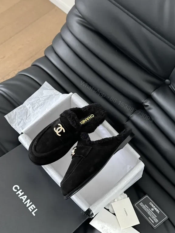 View 8 of Chanel-Inspired Black Shearling Mules with Gold Logo Detail