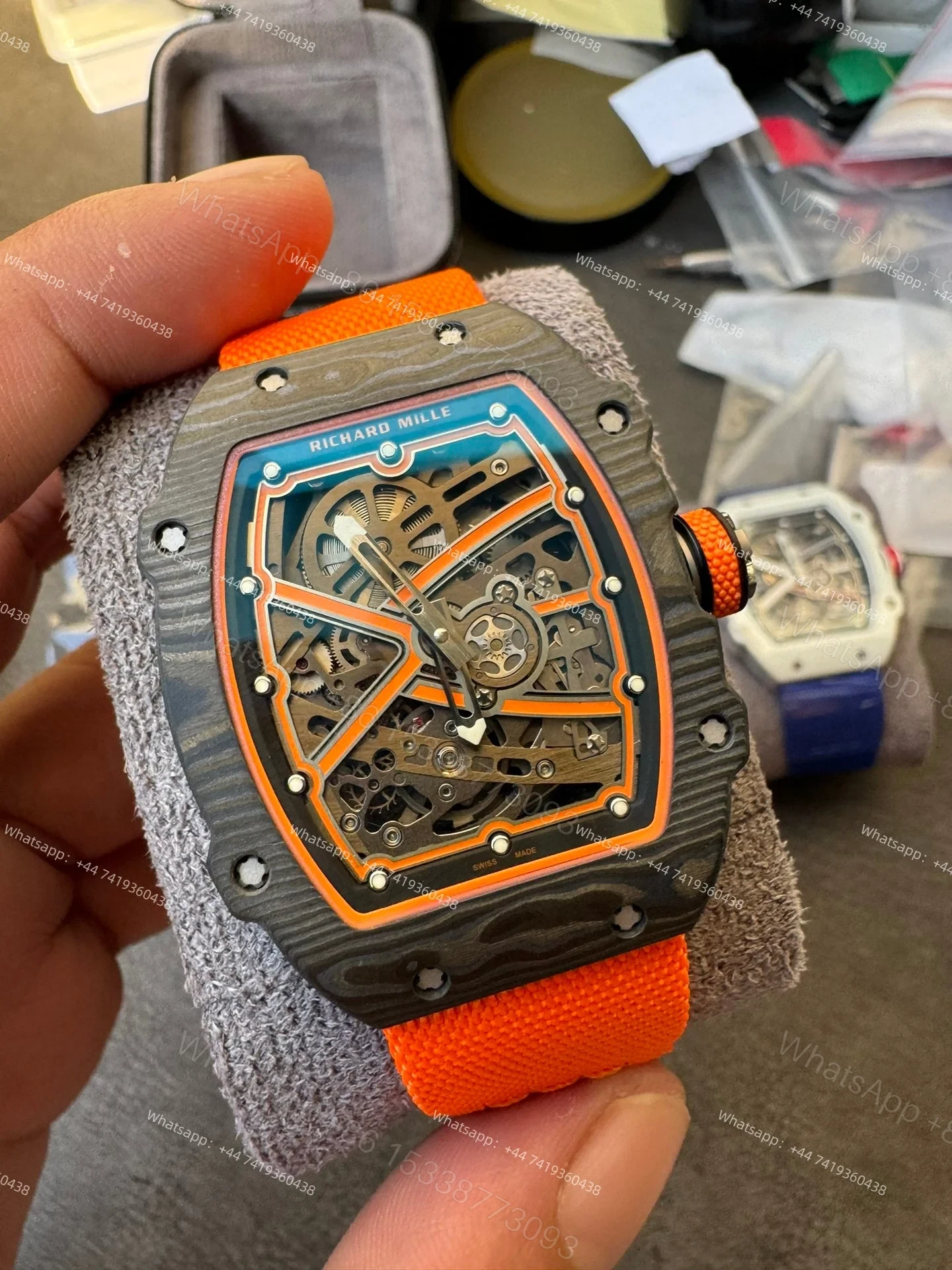 View 4 of Super Clone Richard Mille RM67-02 Carbon TPT Skeleton Tourbillon 1:1 Replica Watch with Orange Strap
