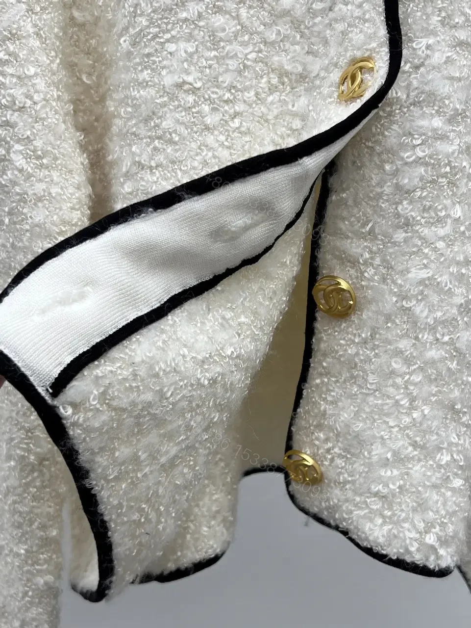 View 8 of Off-White Bouclé Cropped Jacket with Gold Button Trim