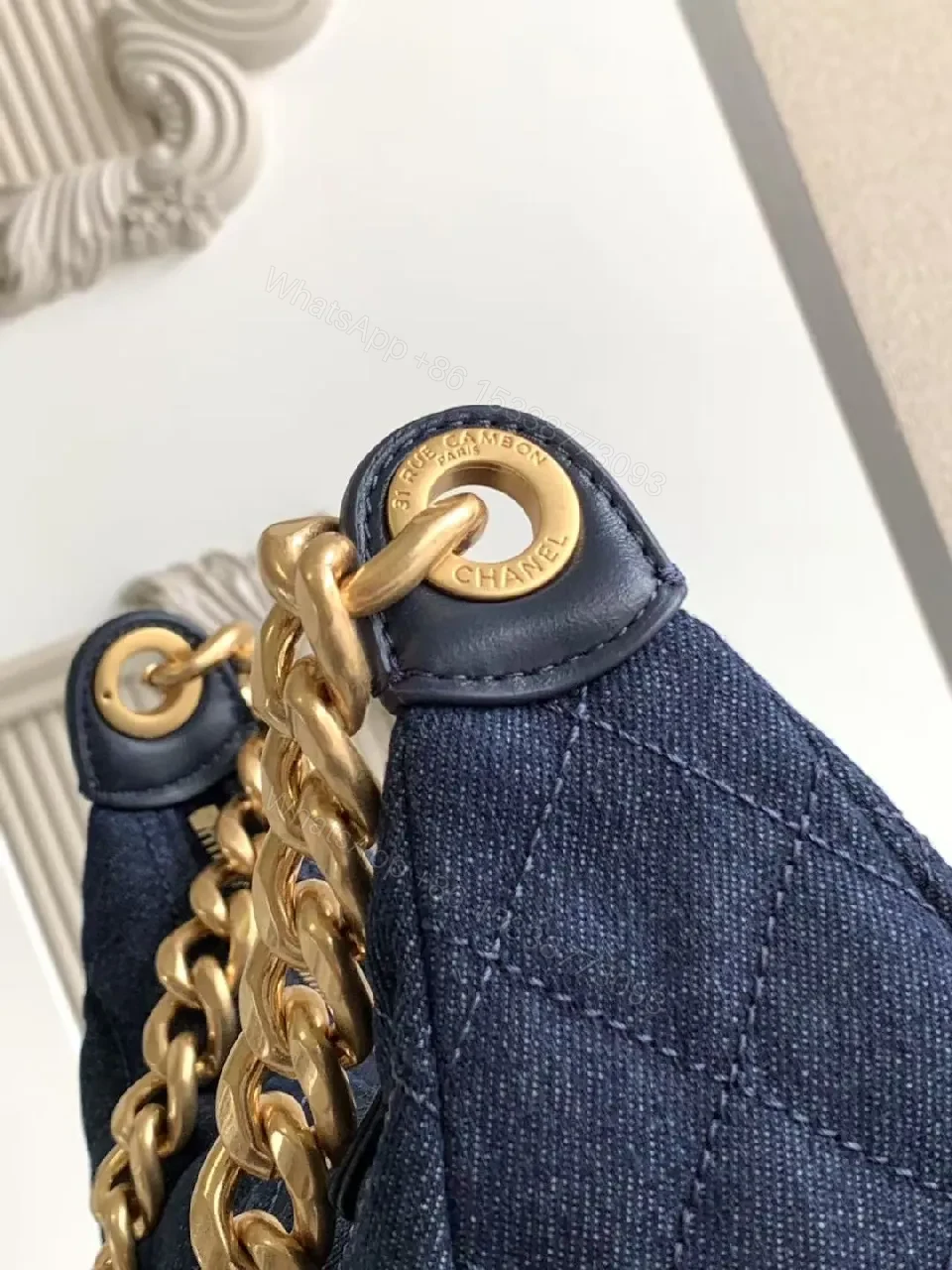 View 7 of Quilted Denim Shoulder Bag with Gold Chain Hardware