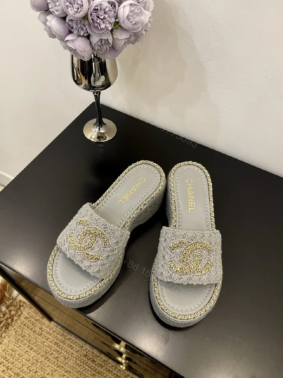 Neutral Textile Slip-Ons with Gold-Chain Edge — view 1