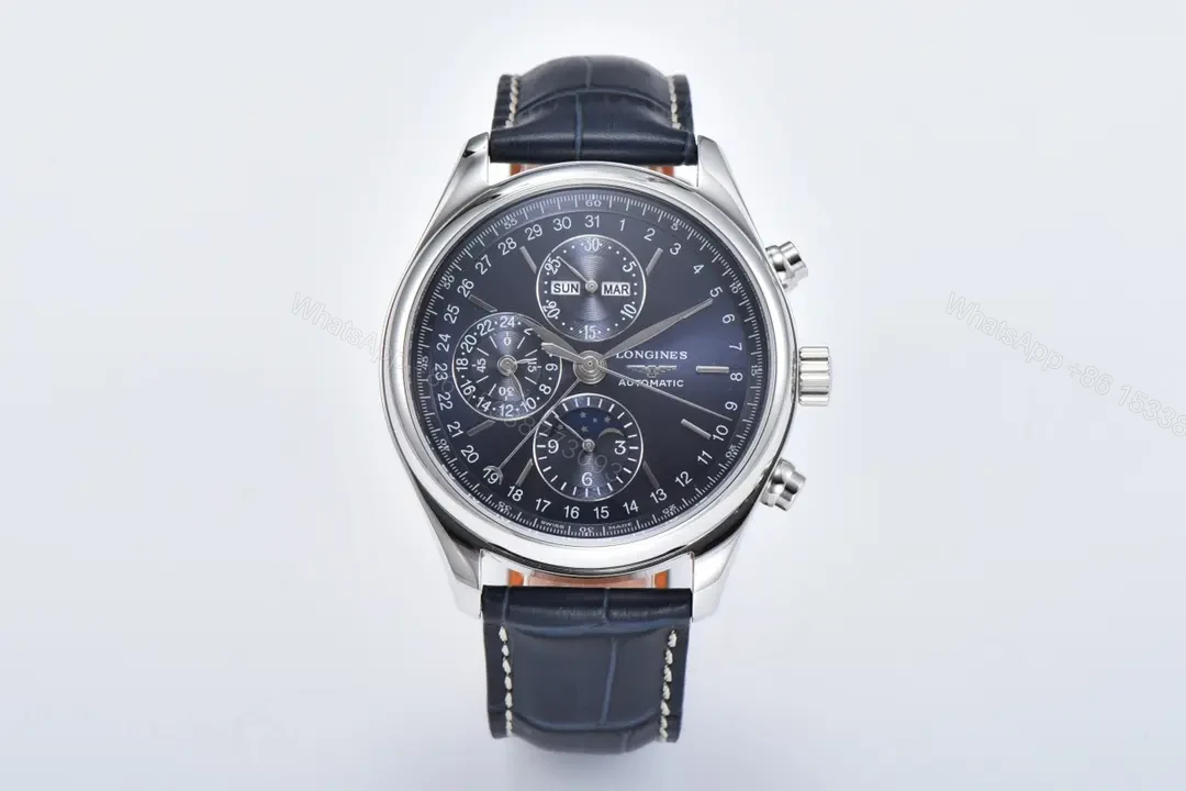 Longines Master Collection Moonphase Chronograph Watch 42mm Blue Dial Stainless Steel Case Leather Strap — view 1