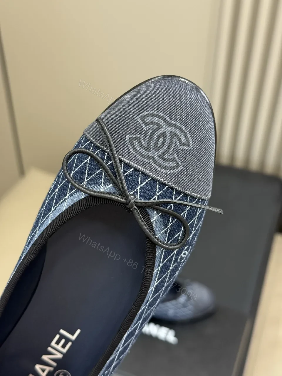 View 6 of Denim-Texture Ballet Flats with Logo Intarsia