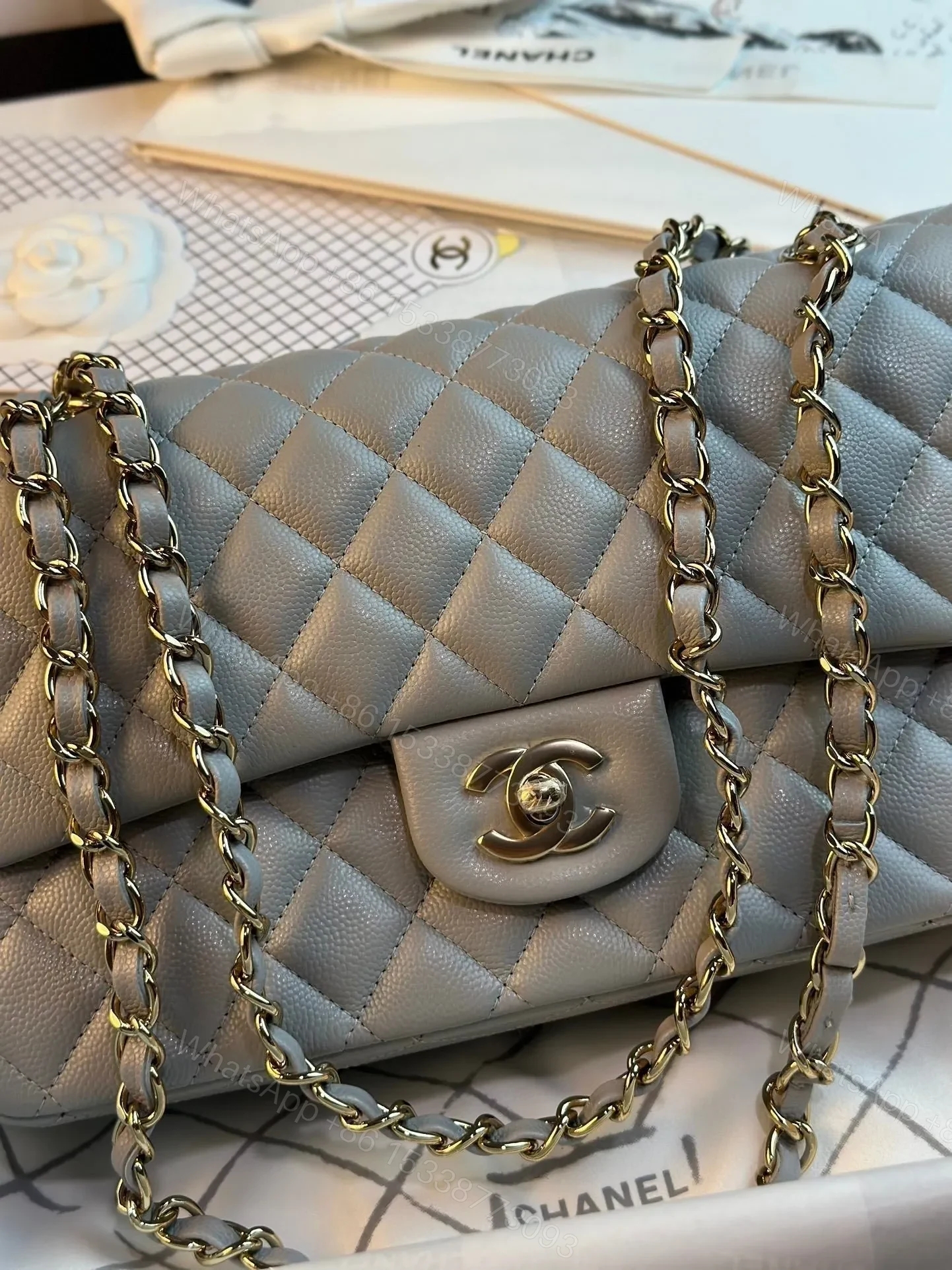View 3 of CHANEL FLAP BAG 25CM GOLD HARDWARE GREY CAVIAR