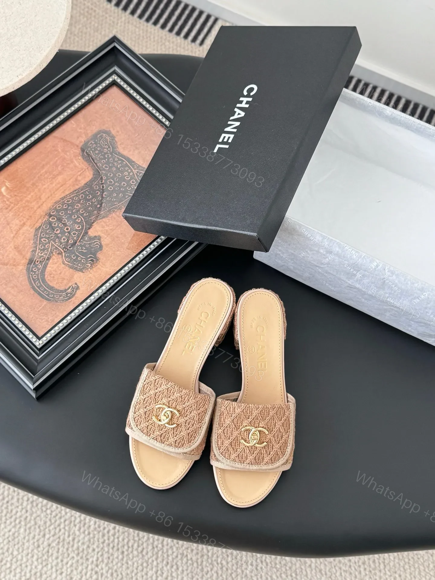 Chanel Women Beige Fabric Mules Slides — view 1