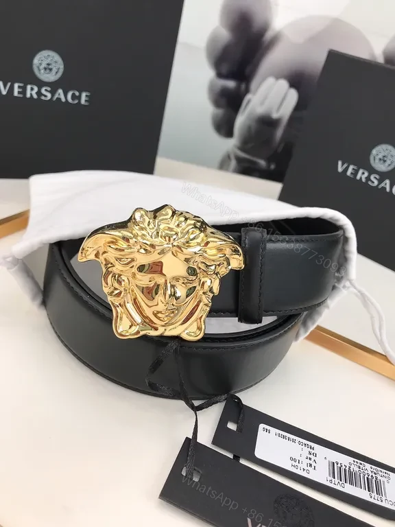 View 2 of Black Leather Belt with Gold Medusa Buckle - Lux, Versace-Inspired