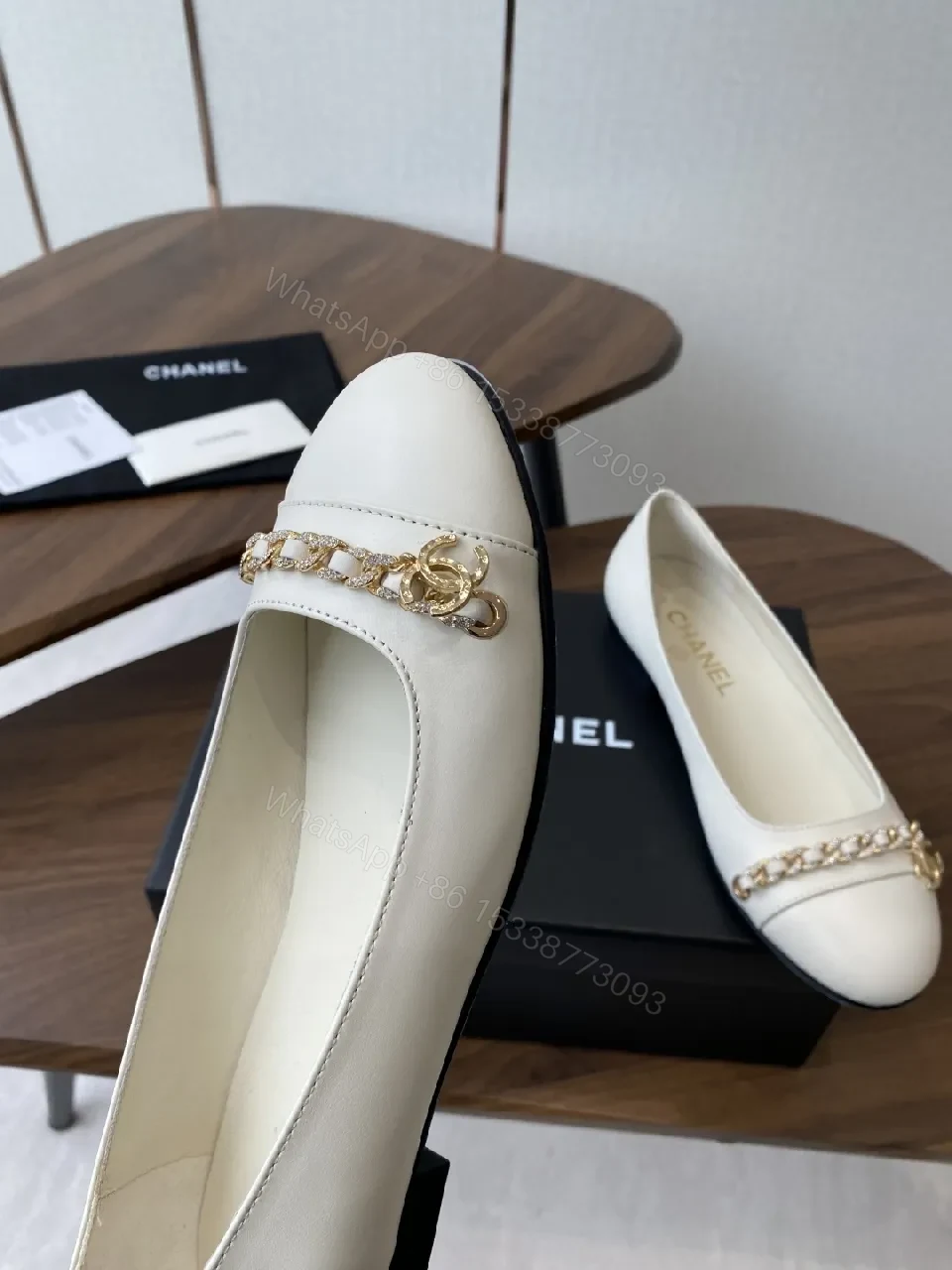 View 6 of White Leather Ballet Flats with Gold Chain Detail - Luxe Comfort