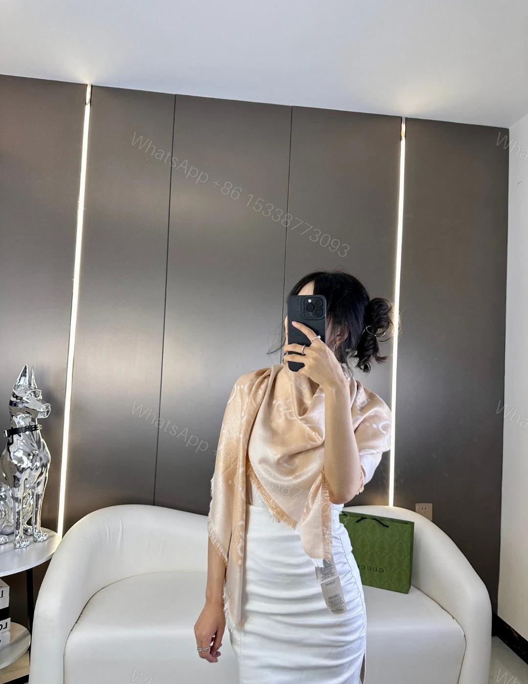 Gucci原單精品女款絲質圍巾香檳金GG緹花輕奢質感 — view 1