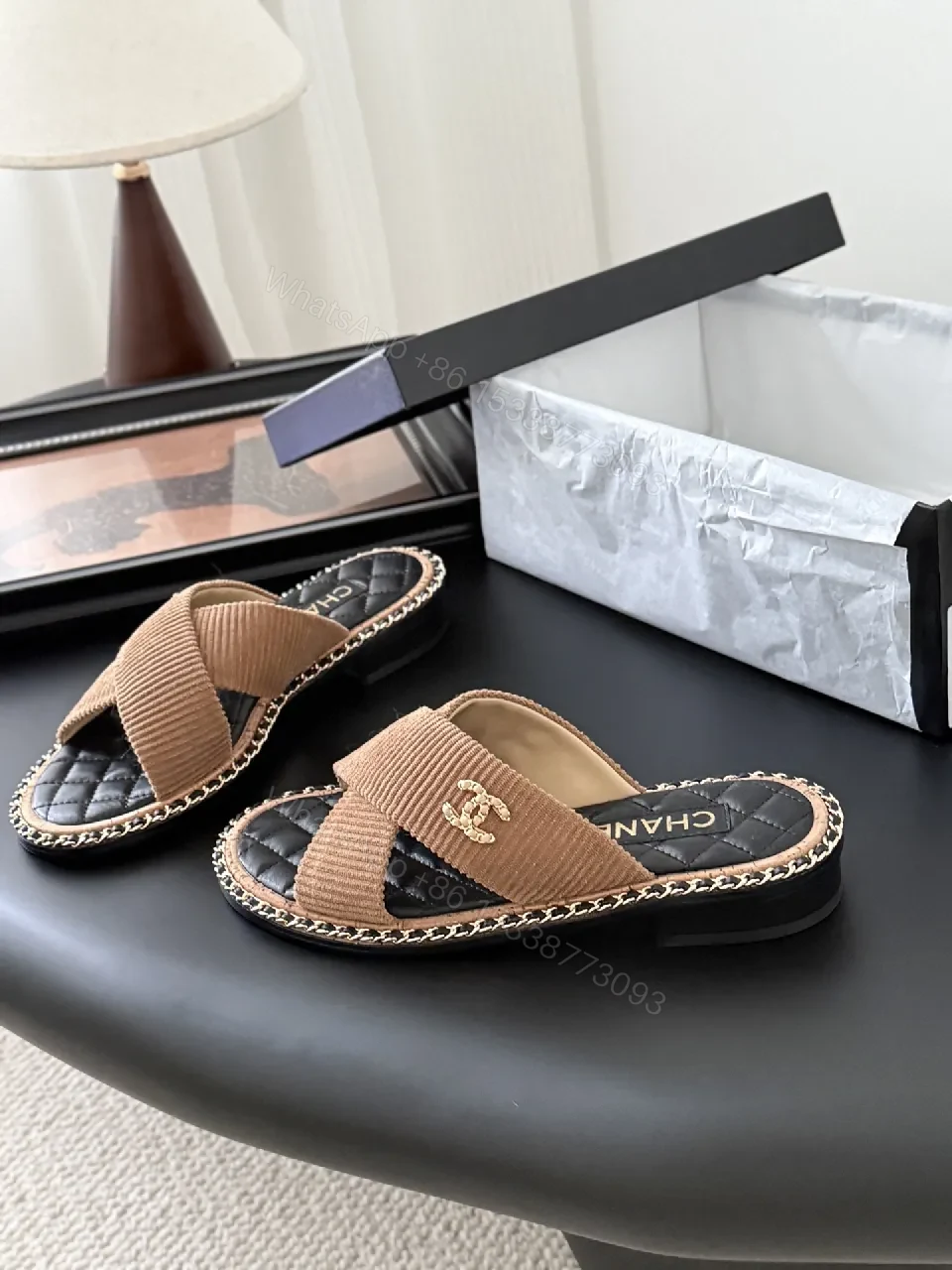 View 9 of Leather-Wrapped Espadrille Slides with Knit Strap, Quilted Footbed