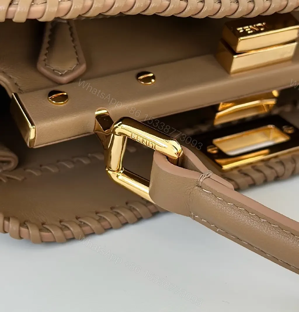 View 8 of Taupe-Tone Leather Crossbody: Braided Edge, Turn-Lock Bag