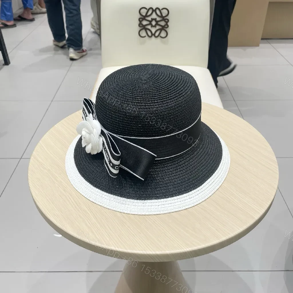 View 9 of Black-White Straw Hat with Ribbon Flower Accent - Sun Ready Couture-style Hat