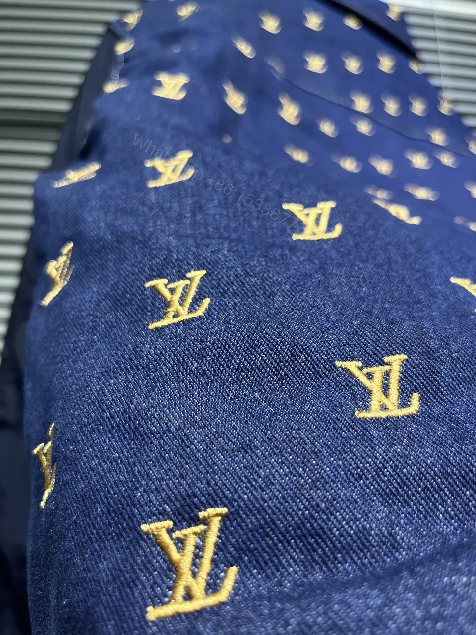 View 3 of Denim-Accent Zip-Front Jacket with Monogram Motif, Modern Texture