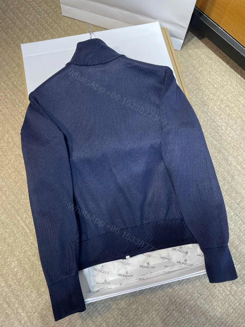 View 8 of Navy Suede-Texture Hybrid Jacket with Knit Sleeves