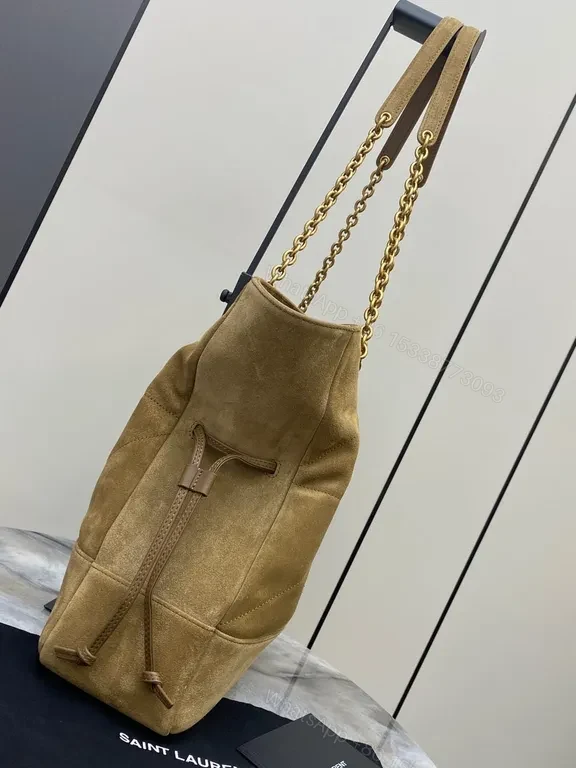 View 2 of Taupe Suede-Like Quilted Tote with Chain Detail - Luxe Precision