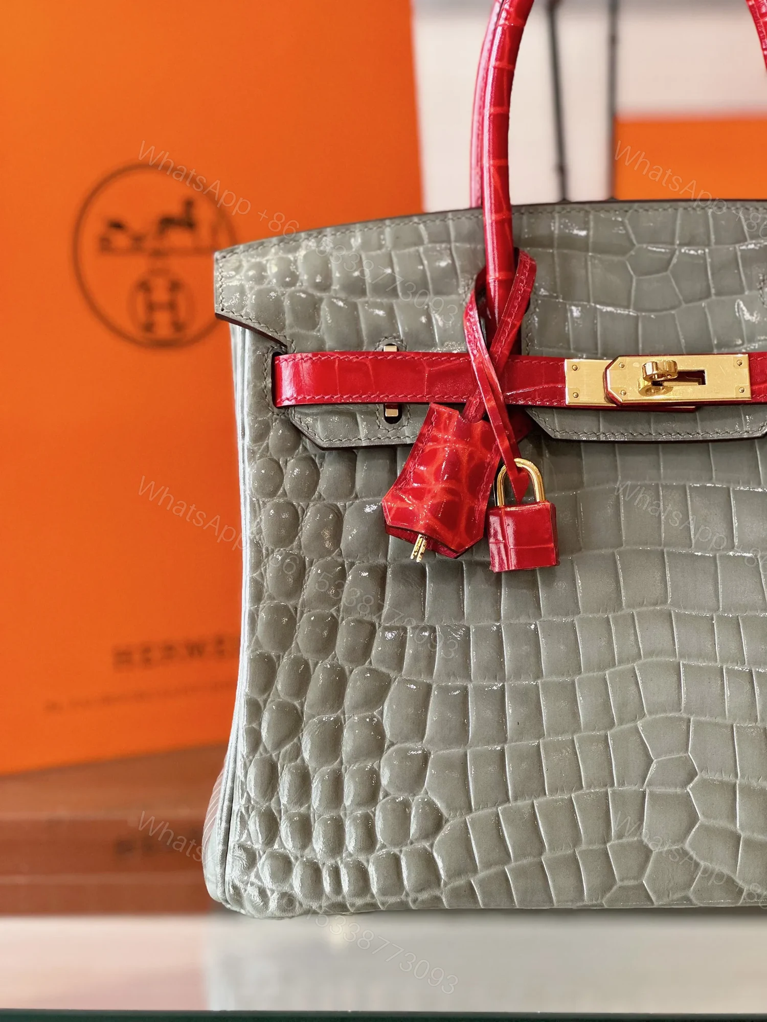 View 5 of HN Genuine Crocodile Leather Gray and Red Custom Made