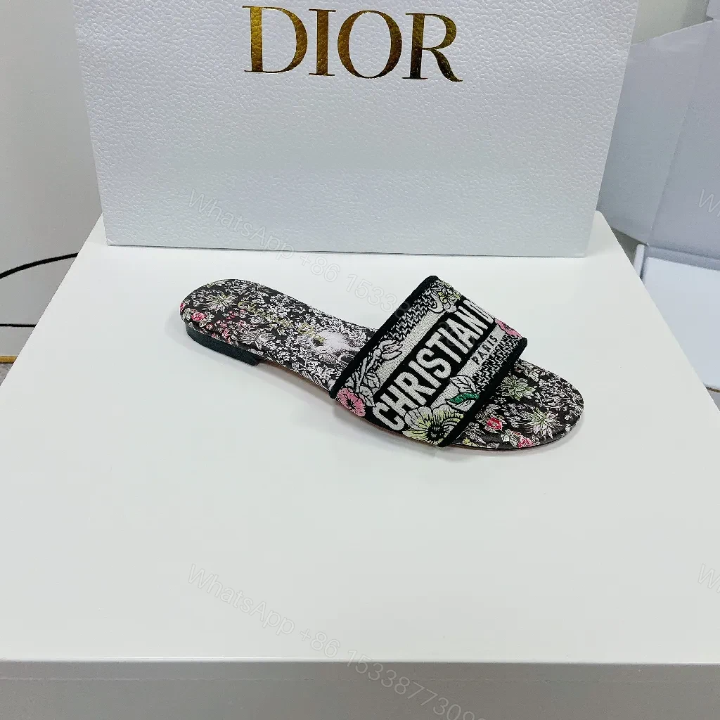 View 9 of Floral-Print Slides in Black with Signature Dior Strap