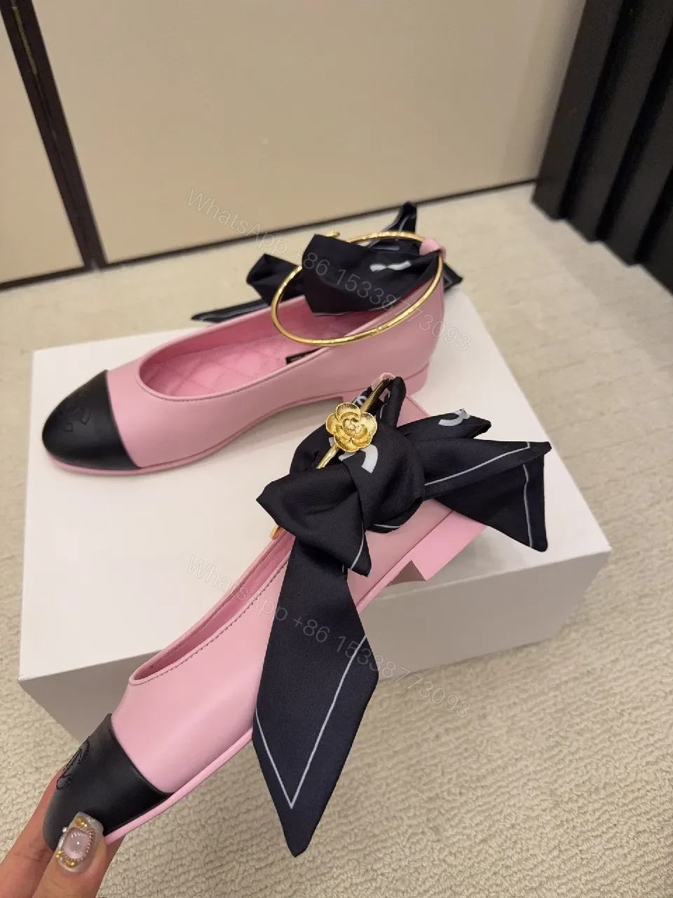 View 7 of Pink Quilted Leather Ballet Flats with Gold Hoop Accent - Cap Toe Detail