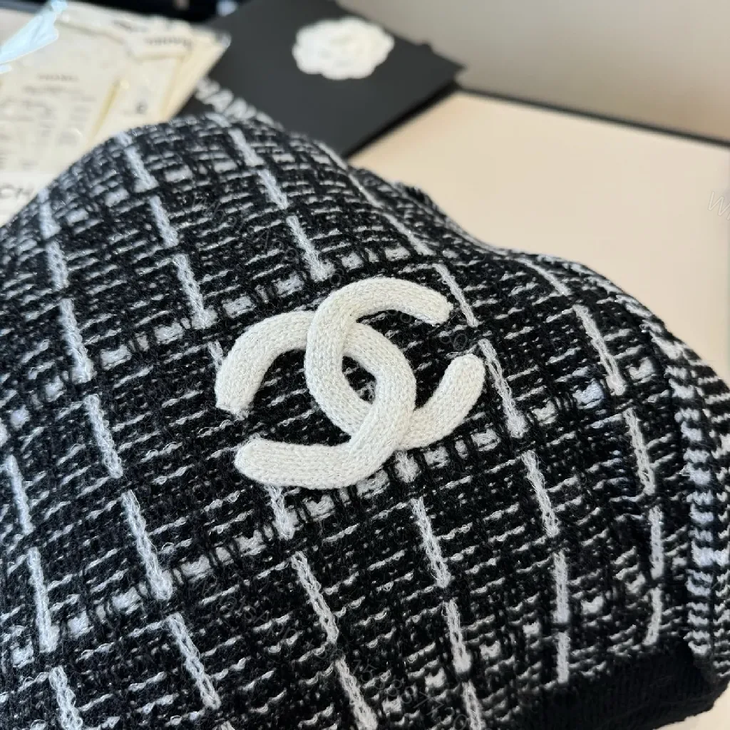 View 4 of Monochrome Knit Scarf-Wrap: Luxe Logo Detail, Grid Pattern