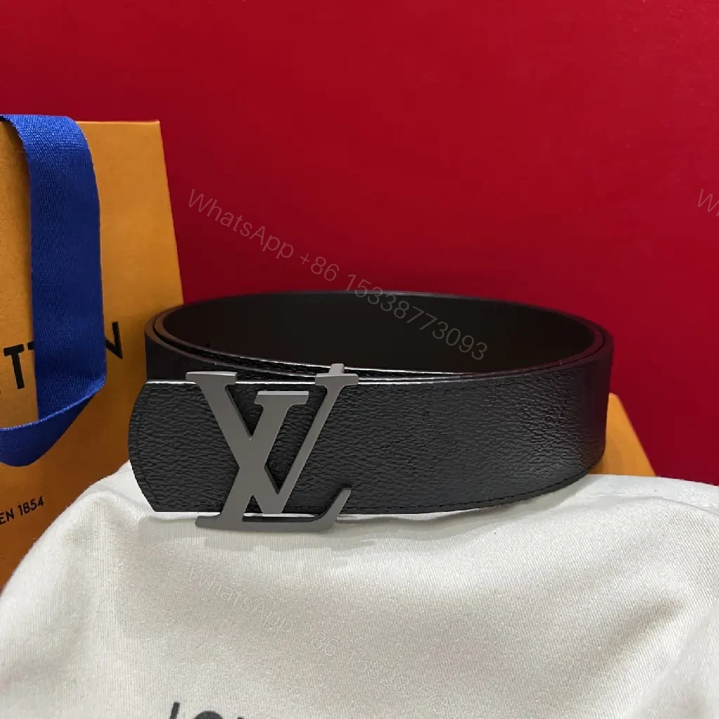 View 2 of Black Leather Belt Sleek Modern Pebbled Texture LV Buckle Belt