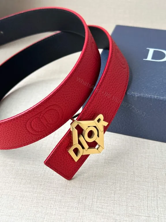 View 5 of Bold Red Leather Belt with Dior Logo Buckle - Statement Luxury Belt
