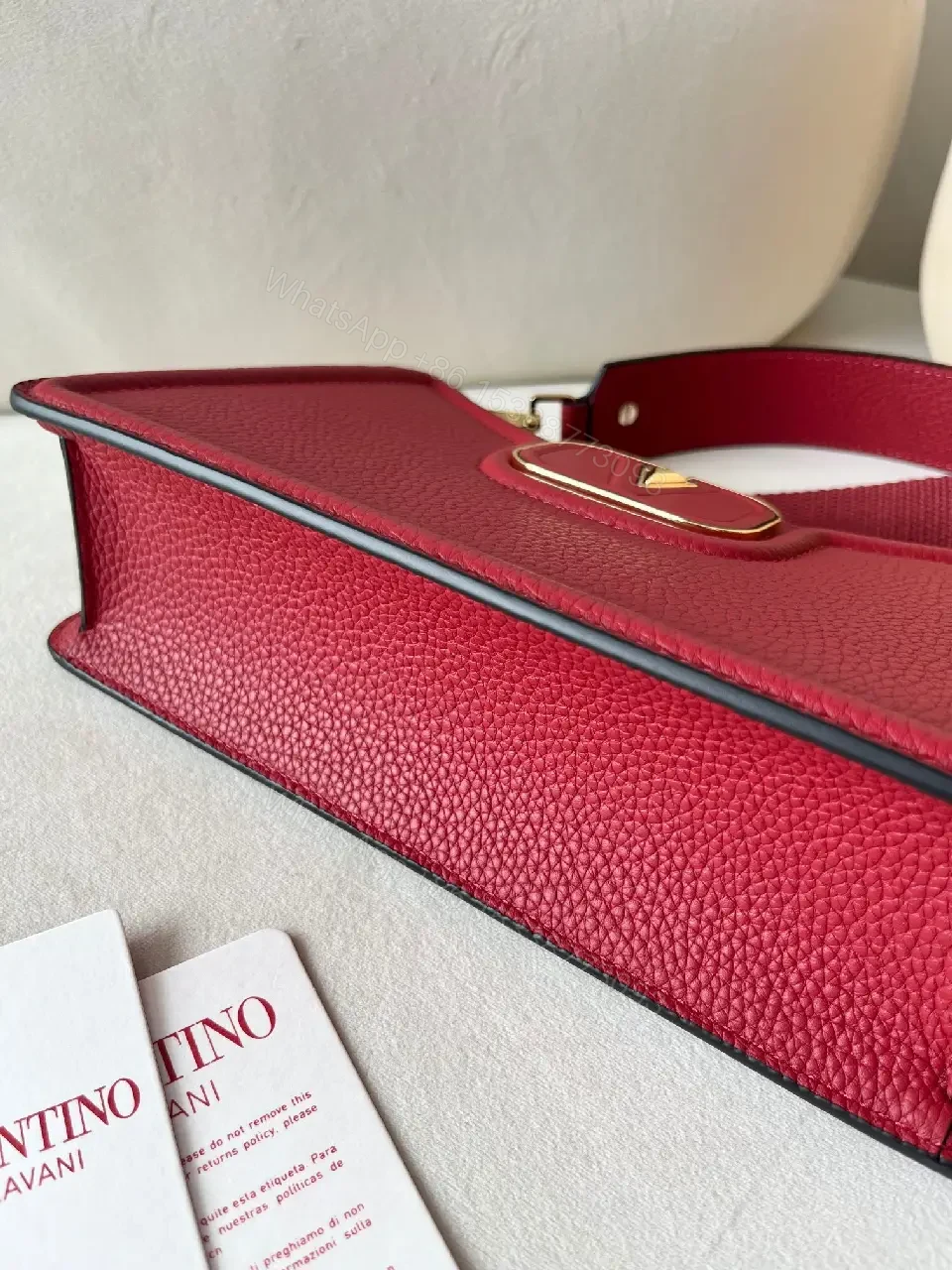 View 7 of Vibrant Red Pebbled Leather Box Bag with Gold Hardware