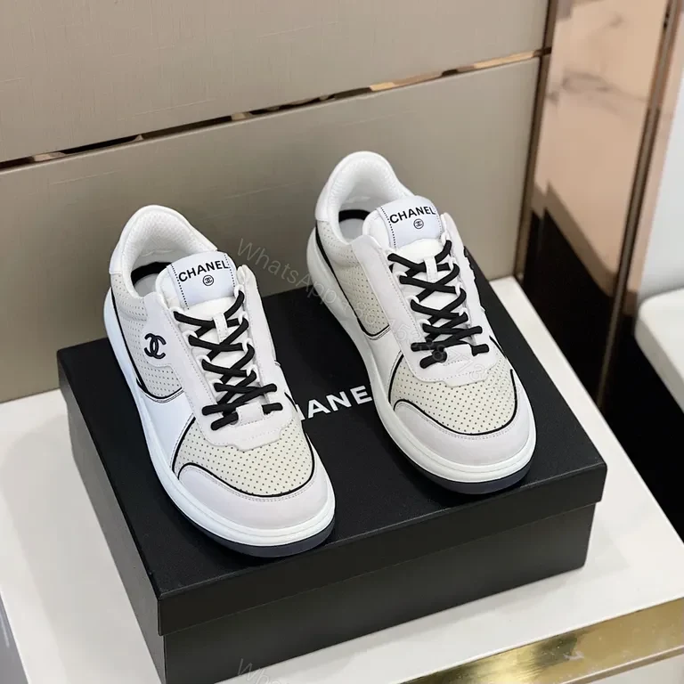 View 6 of Chanel-Inspired White/Black Perforated High-Top Sneaker, Luxury Comfort