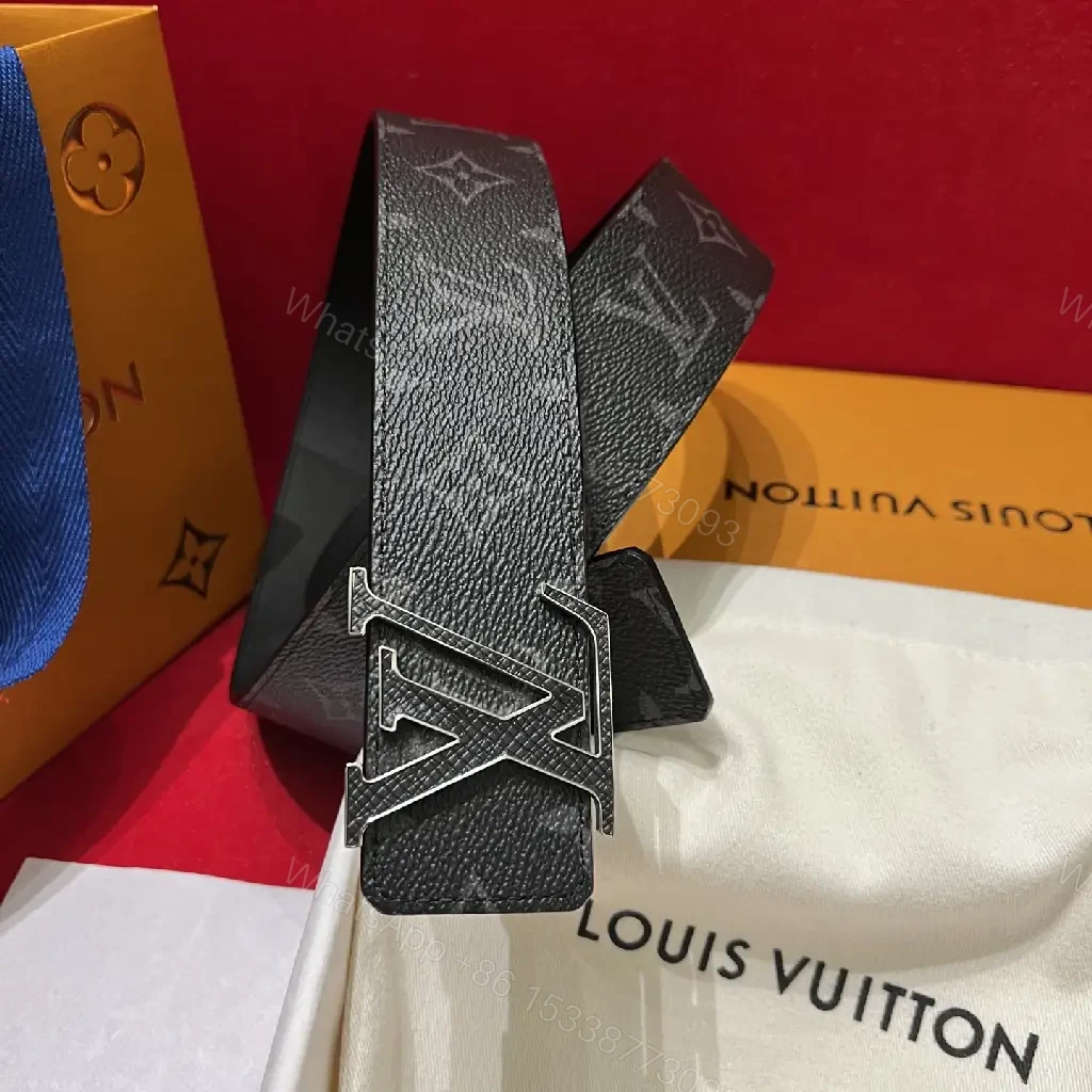 View 7 of Black Monogram Belt with Metallic LV Buckle, Modern Designer Style