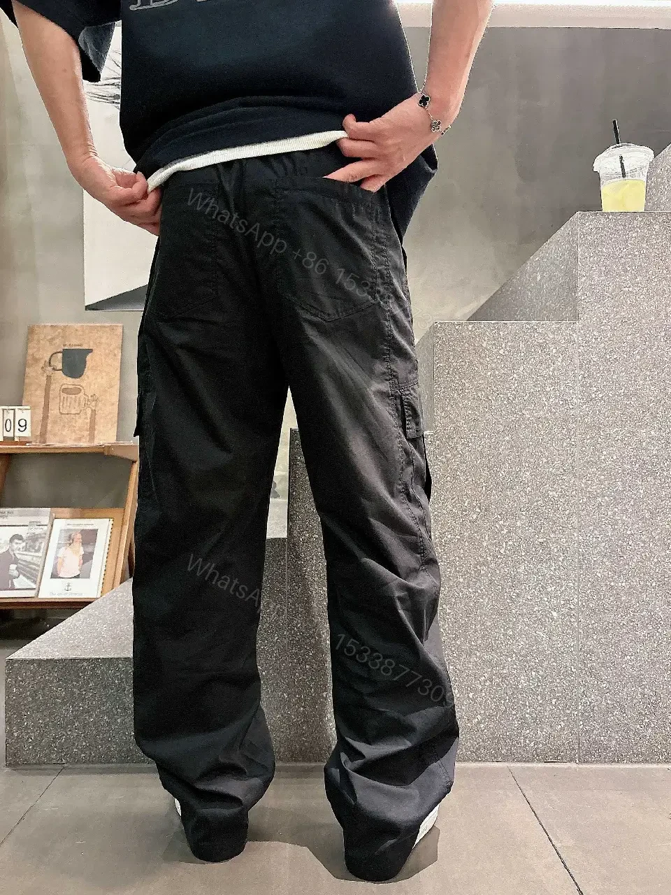 View 2 of Black Cargo Pants - Tactical, Smooth Fabric, Dior Logo Pocket, Relaxed Fit