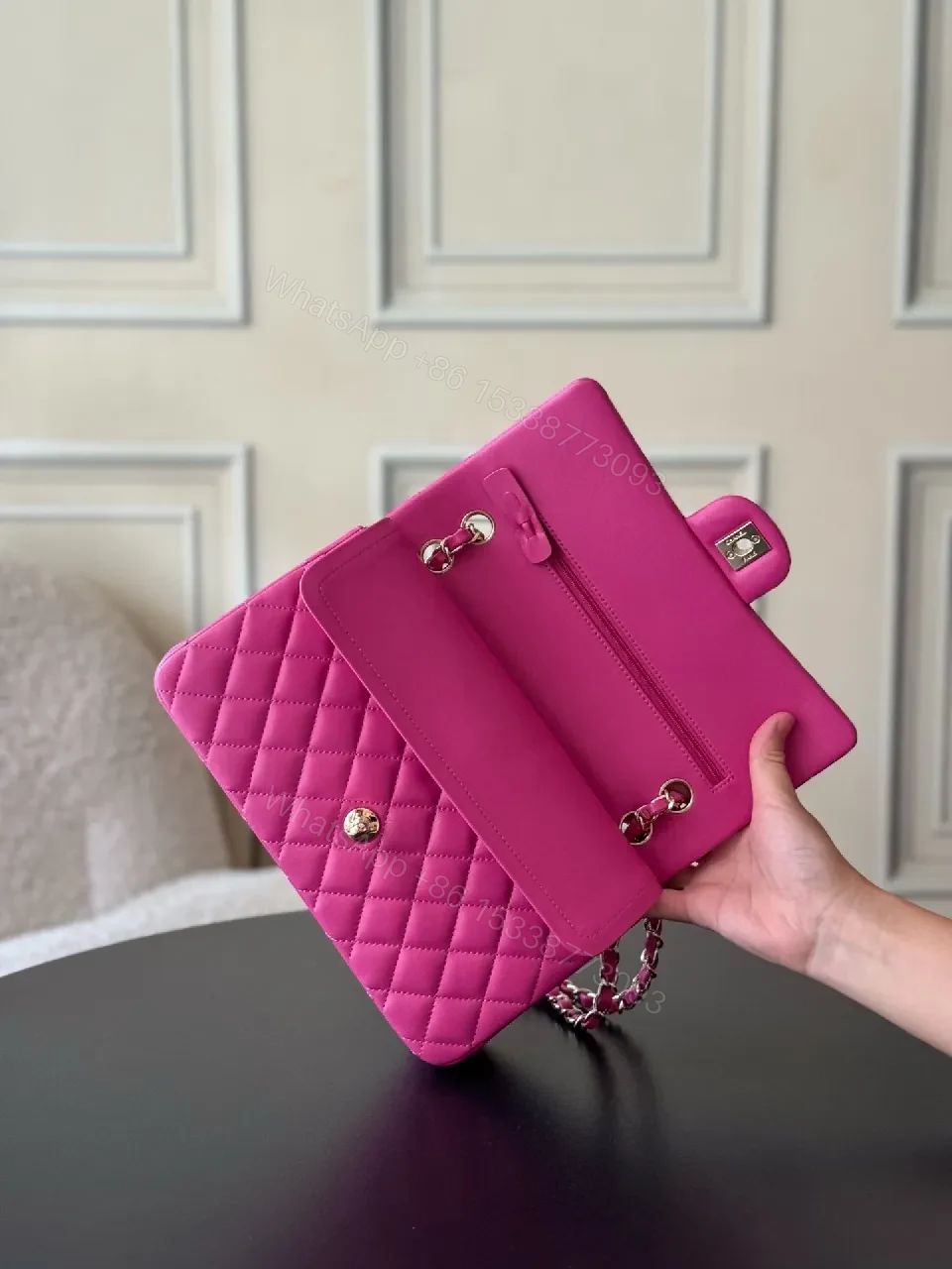 View 9 of Vibrant Pink Quilted Crossbody: Bold Hardware Bag