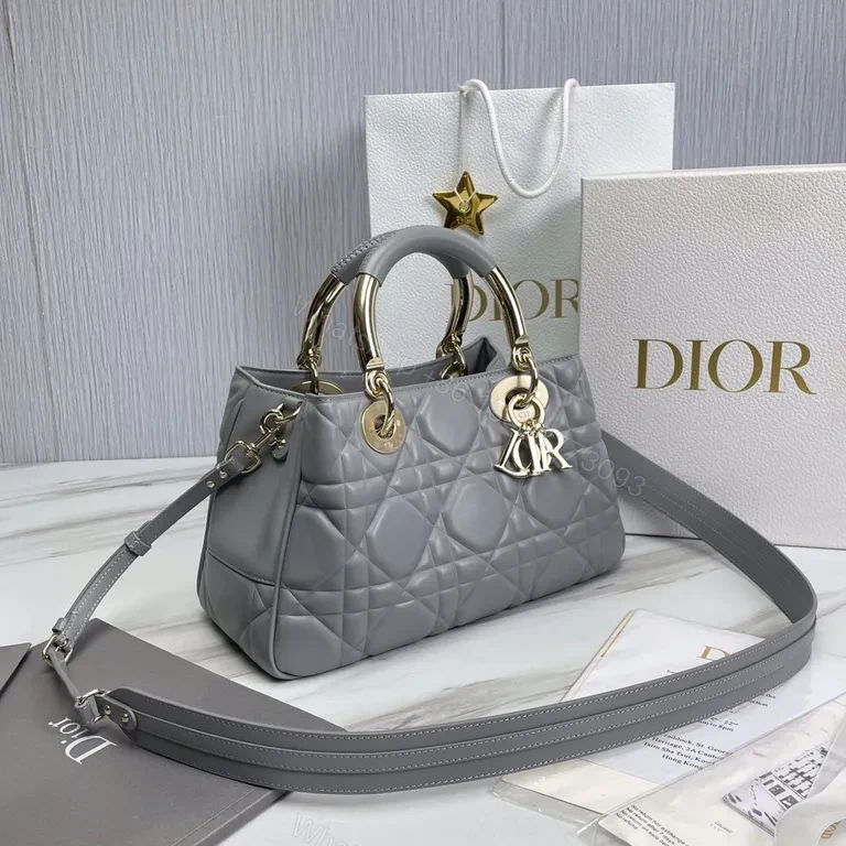 View 2 of Chic Grey Quilted Satchel: Gold-Dior Inspired Luxury Bag