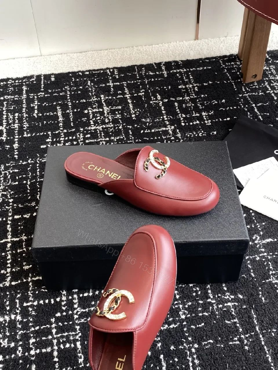 View 2 of Red Leather Mule, Gold Chain, Slip-On Chic, All-Day Comfort, Mule