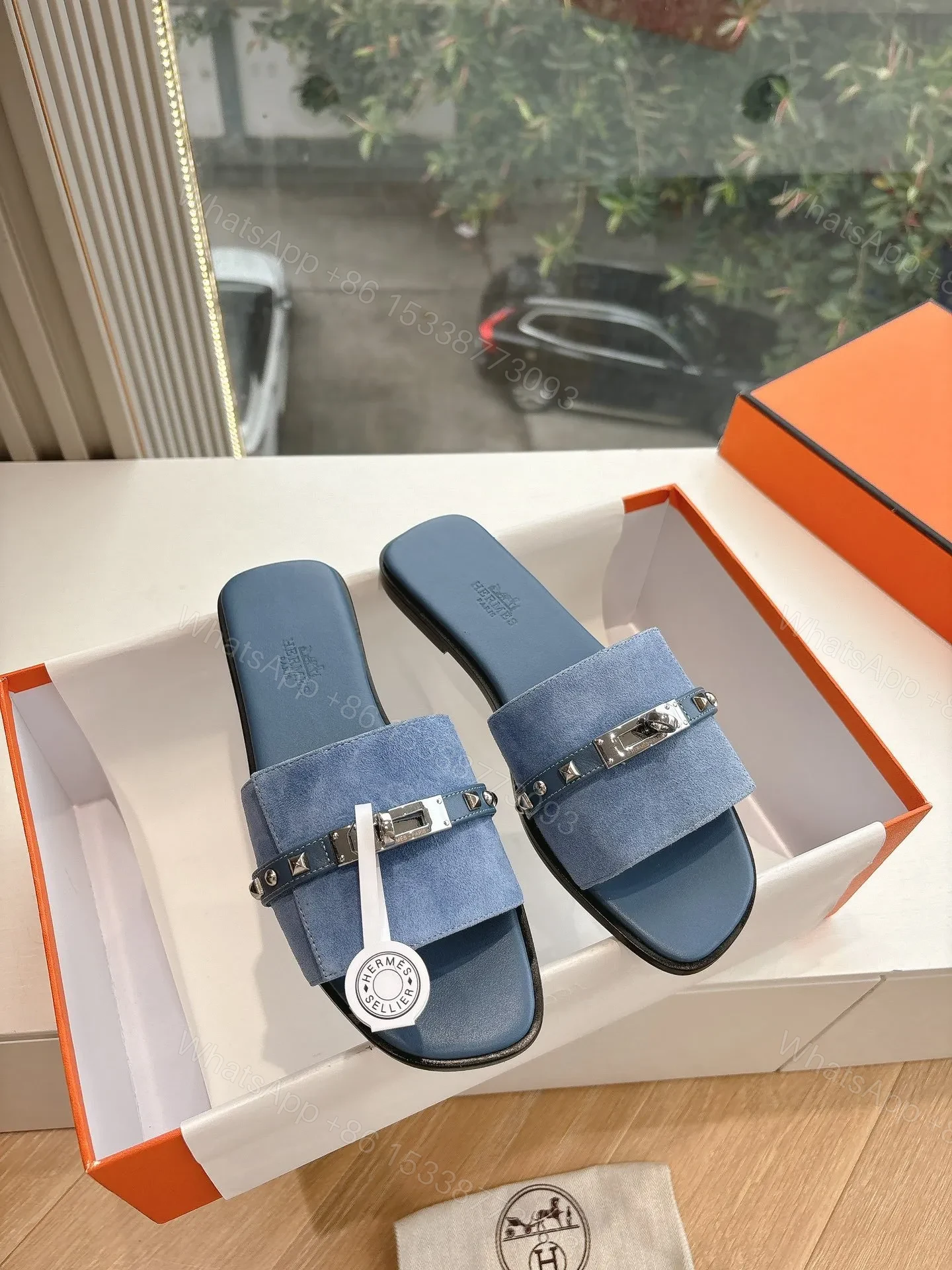 View 3 of Hermes Women Blue Suede Flat Slide Sandals