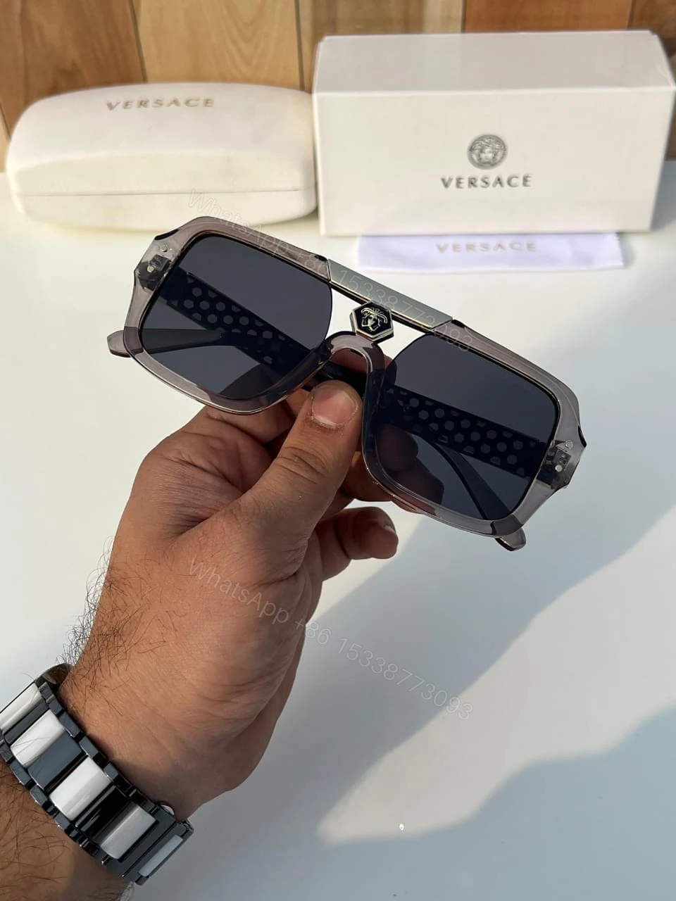 View 10 of Versace Rectangular Sunglasses Gray/Black