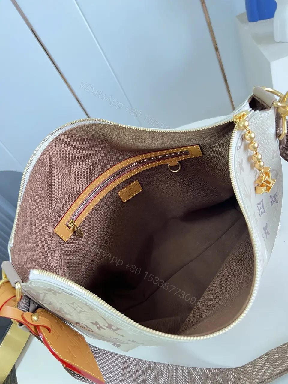 View 8 of Beige LV Monogram Coated Canvas Crossbody Bag with Gold Zipper