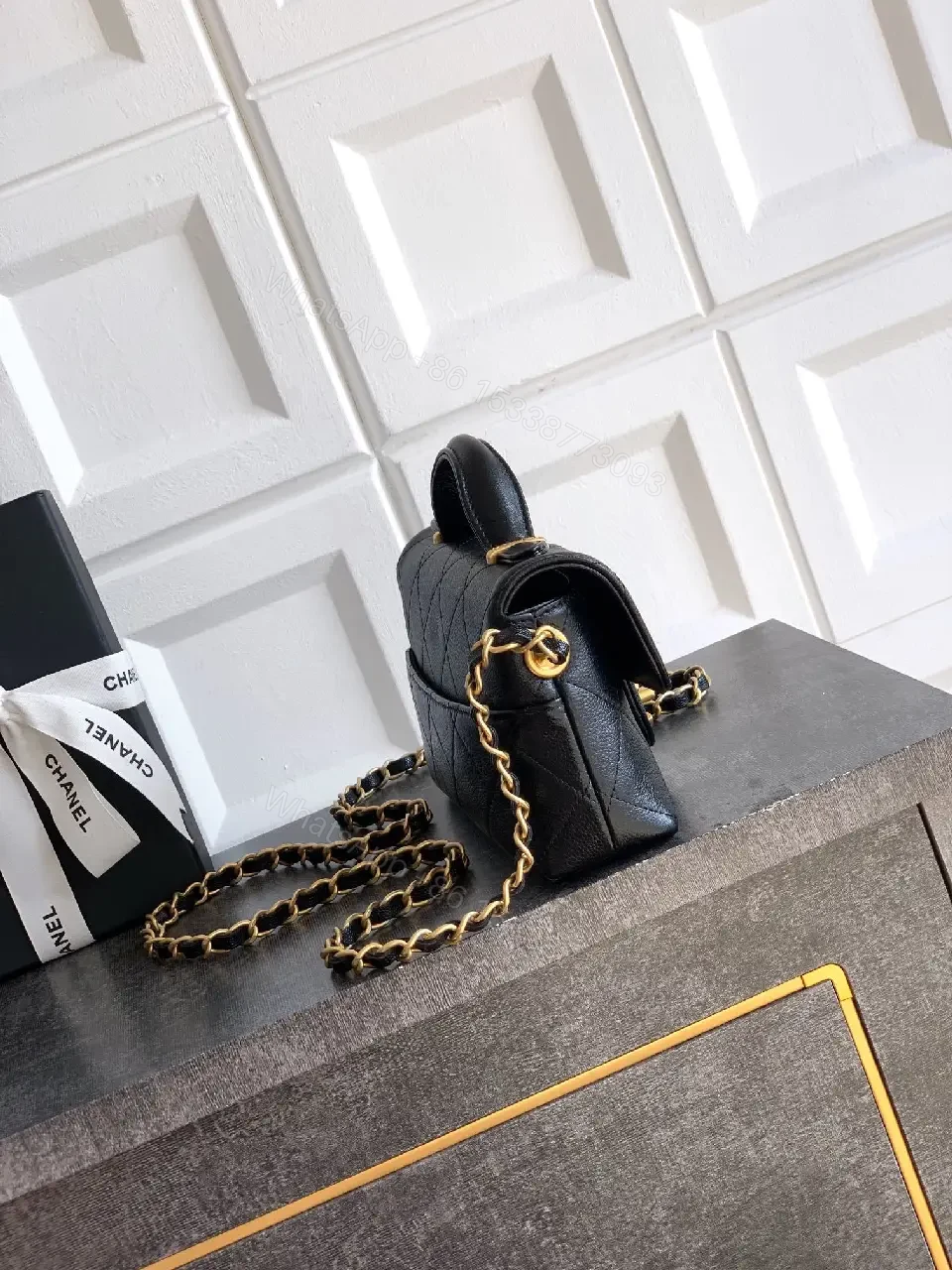 View 6 of Quilted Black Leather Bag with Gold Closure, Crossbody Glam