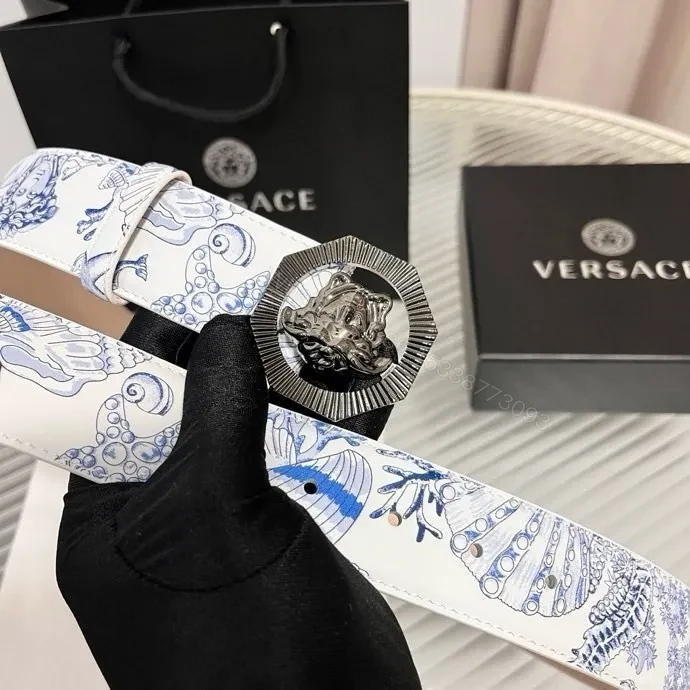 View 9 of White & Blue Patterned Leather Belt, Modern Luxe Style, Medallion Buckle, Unisex