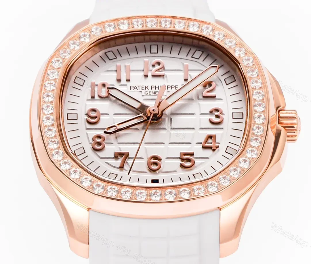 View 3 of Patek Philippe Aquanaut Luce 5268 Series Watch Rose Gold with Diamond Bezel White Rubber Strap Modern Casual Elegant Style