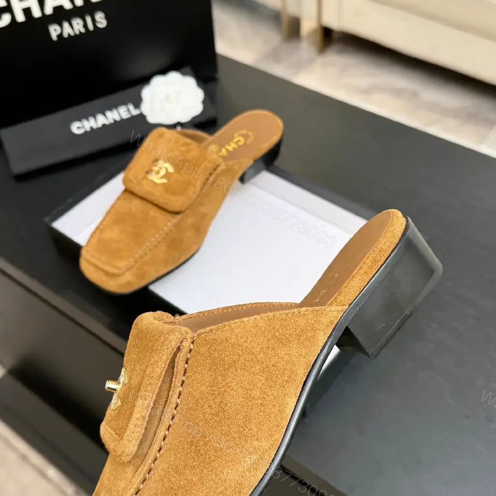 View 4 of Beige Suede Slip-On Mules with Chanel Logo Embellishment