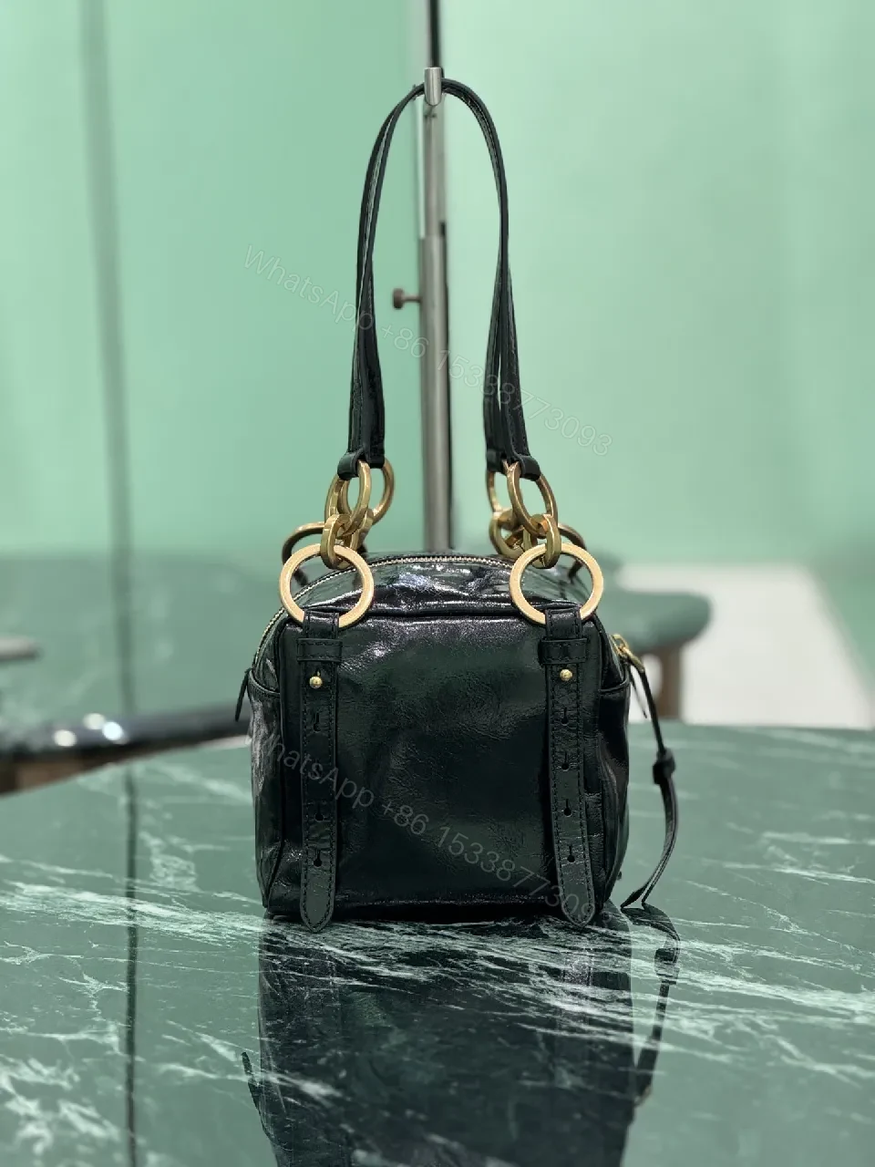 View 6 of Black Leather Compact Bag with Gold Hardware, Modern Luxe, Everyday Carry