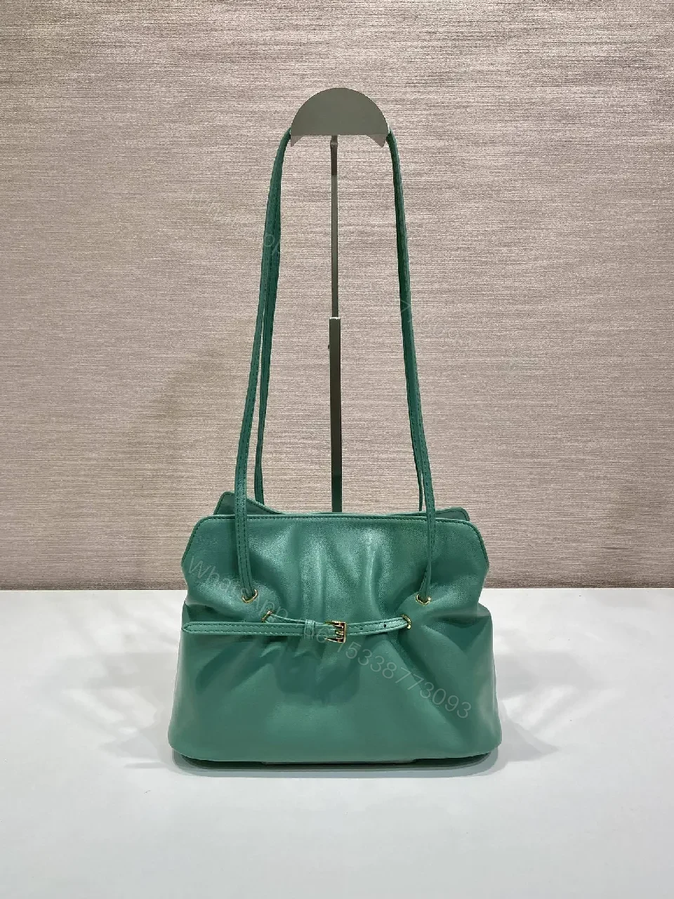 View 9 of Green Leather Drawstring Shoulder Bag - Minimalist Luxe
