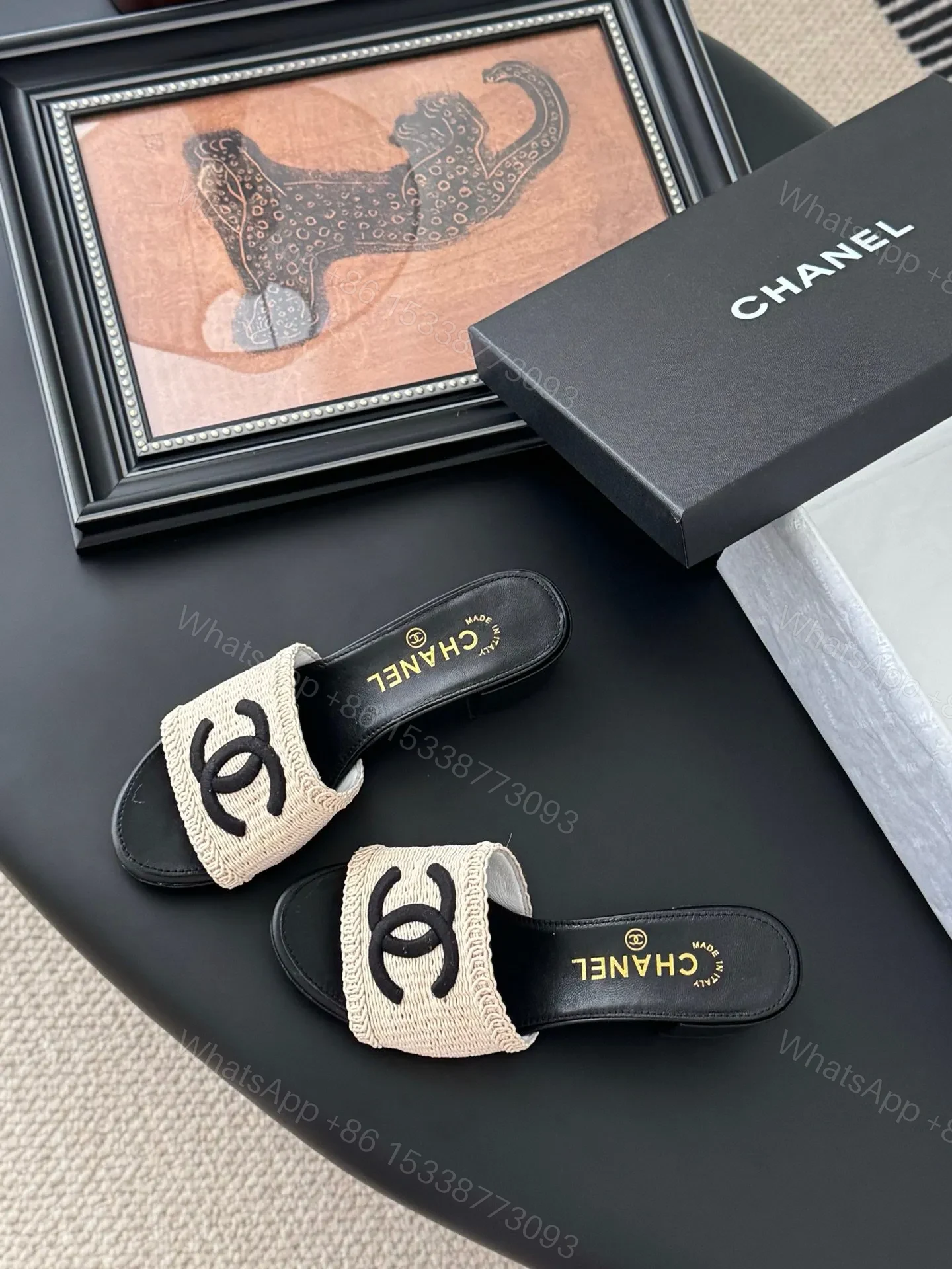 View 6 of Chanel Women Beige Woven Fabric Black Leather Slides