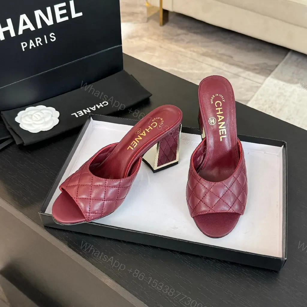 View 3 of Burgundy Quilted Leather Slide with Gold-Accent Comfort Footbed
