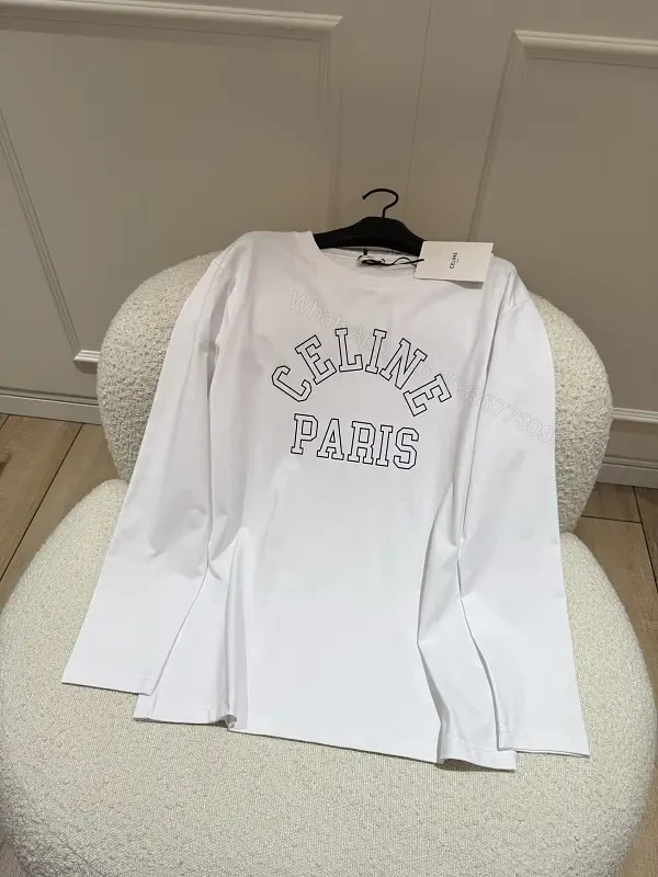 White cotton long-sleeve T-shirt with Paris print for everyday luxury — view 1