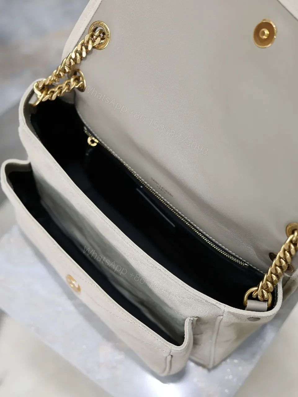 View 4 of Taupe Quilted Crossbody Bag - Suede-Feel, Chevron + Icon Hardware