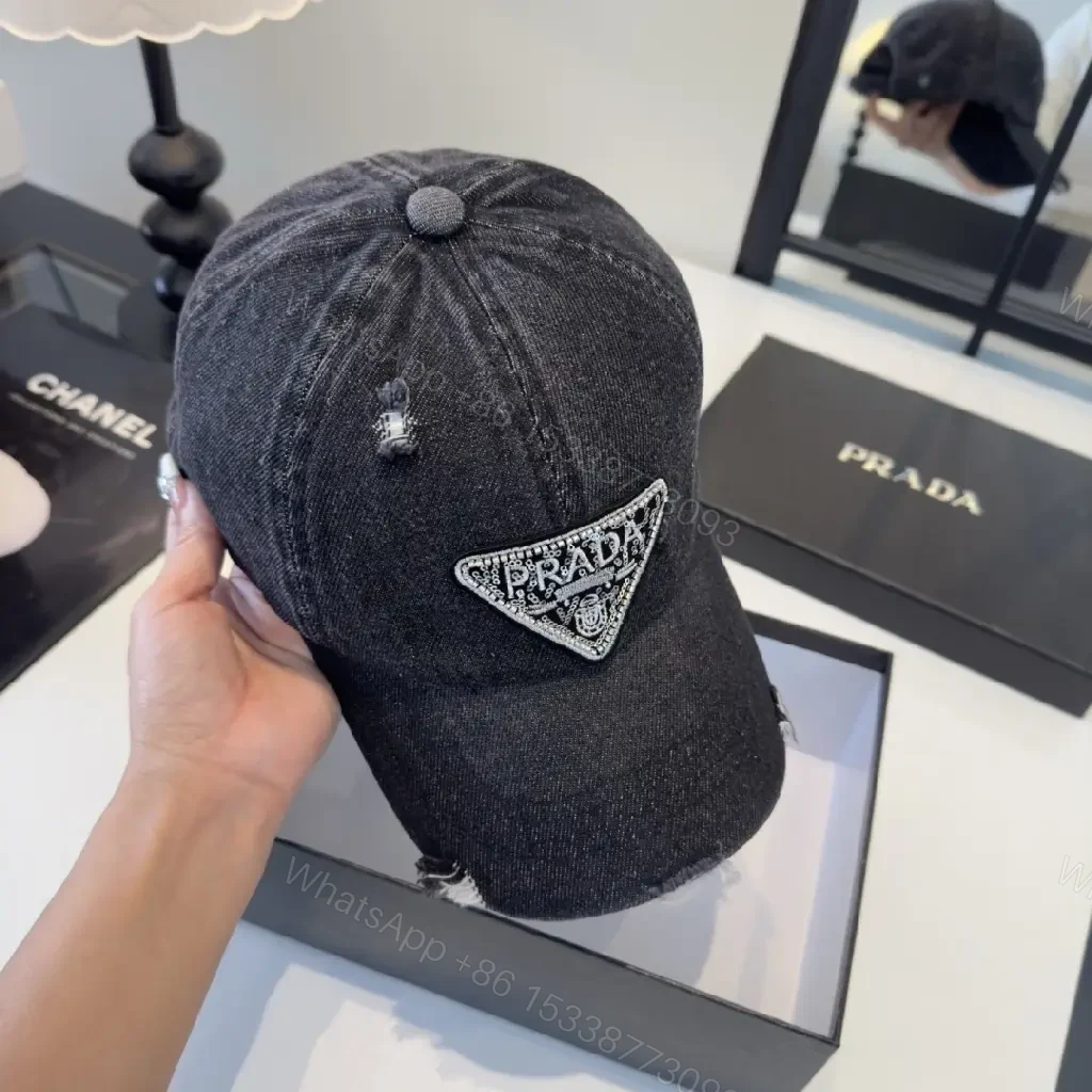 View 4 of Dark Denim Cap - Distressed, Rhinestone Prada Patch, Casual Baseball Cap