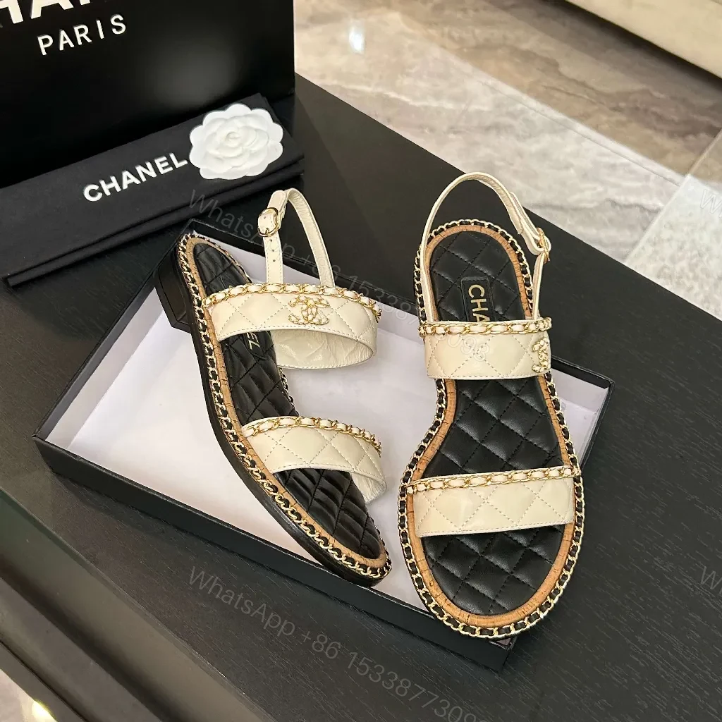 View 4 of Quilted Sandal with Chain Trim – Luxury Two-Tone Style