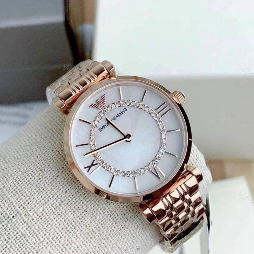 View 5 of First Copy Emporio Armani Rose Gold White Dial Roman Marker Diamond Bezel Women’s Analog Watch