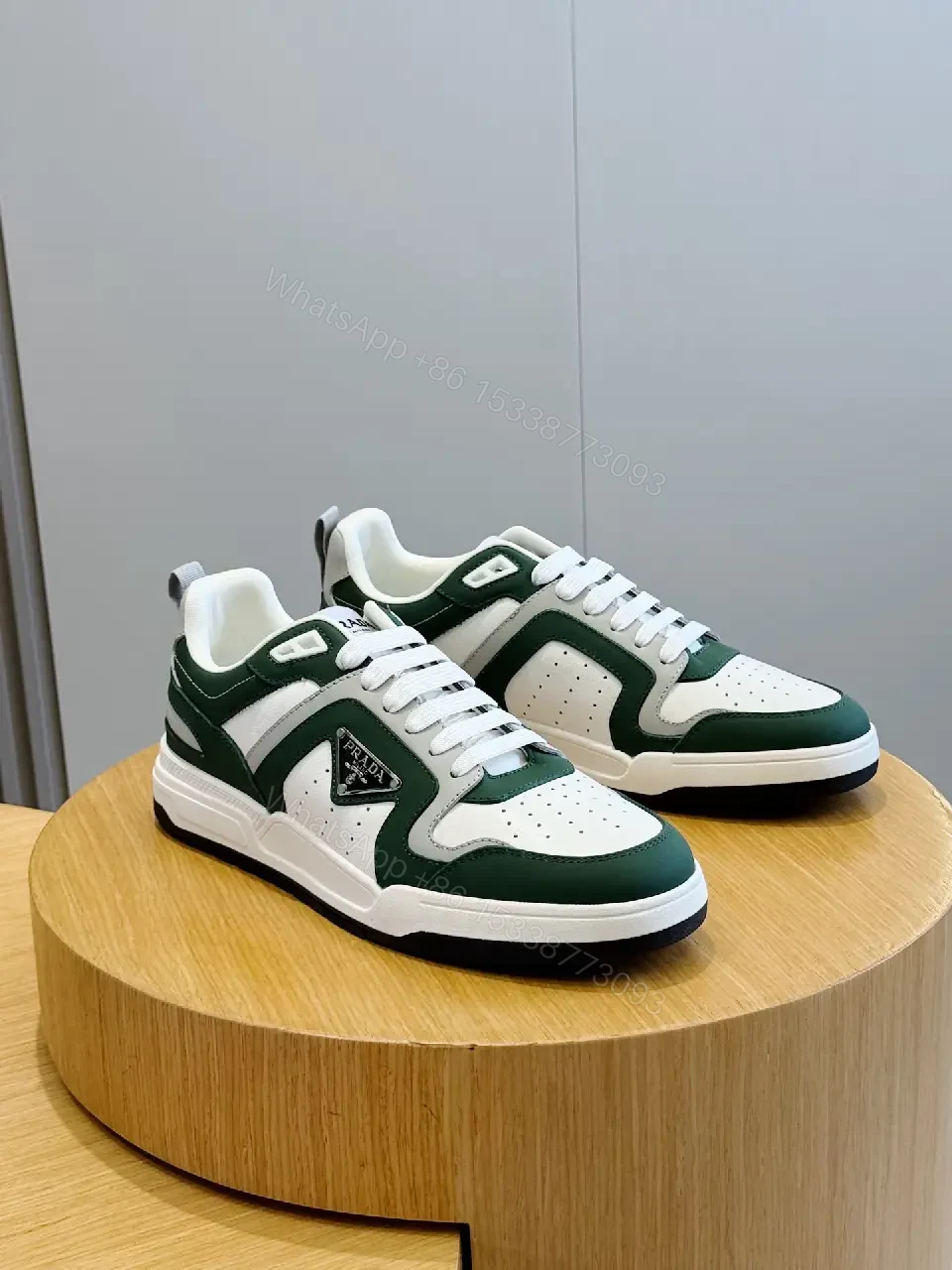 View 10 of Green Leather Runner Sneaker with White Laces Prada Style Sneakers